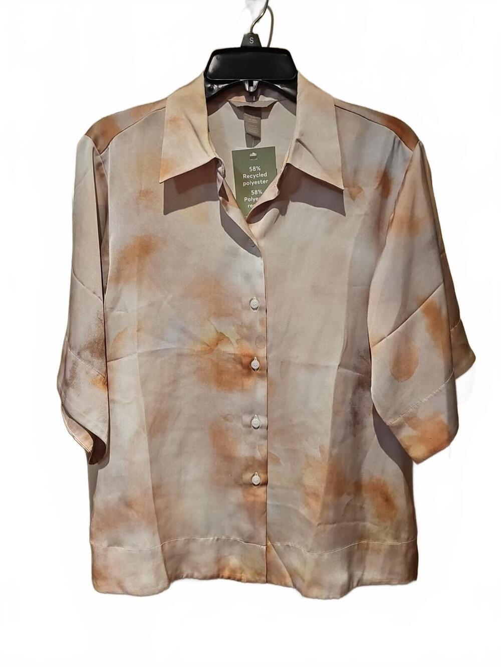H&M Button-Up Top Large Watercolor Print Short Sleeve Blouse Peach XS